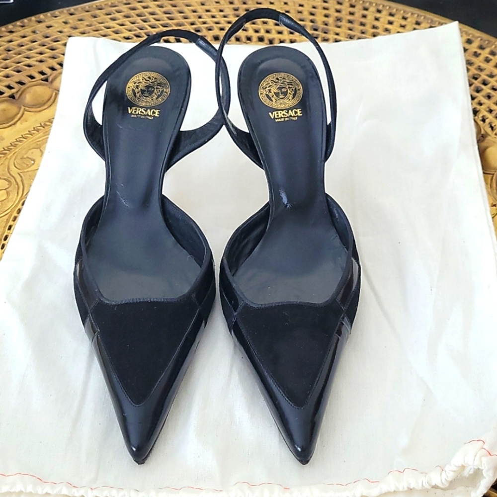 VERSACE Black Leather /Suede Pointed Toe Mules with Sling Back Woman’s Size 36.5